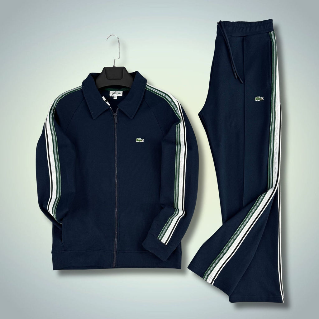 Ανδρικό αθλητικό σετ Lacoste, σκούρο μπλε, με λωρίδα, μοντέλο 2026, premium ποιότητα