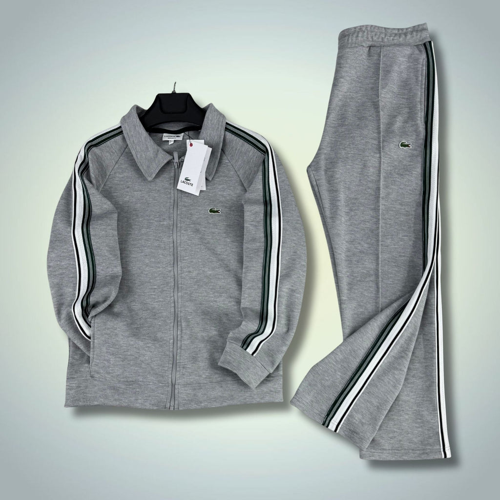 Ανδρικό αθλητικό σετ Lacoste, κλασικό γκρι, με λωρίδα, μοντέλο 2026, premium ποιότητα
