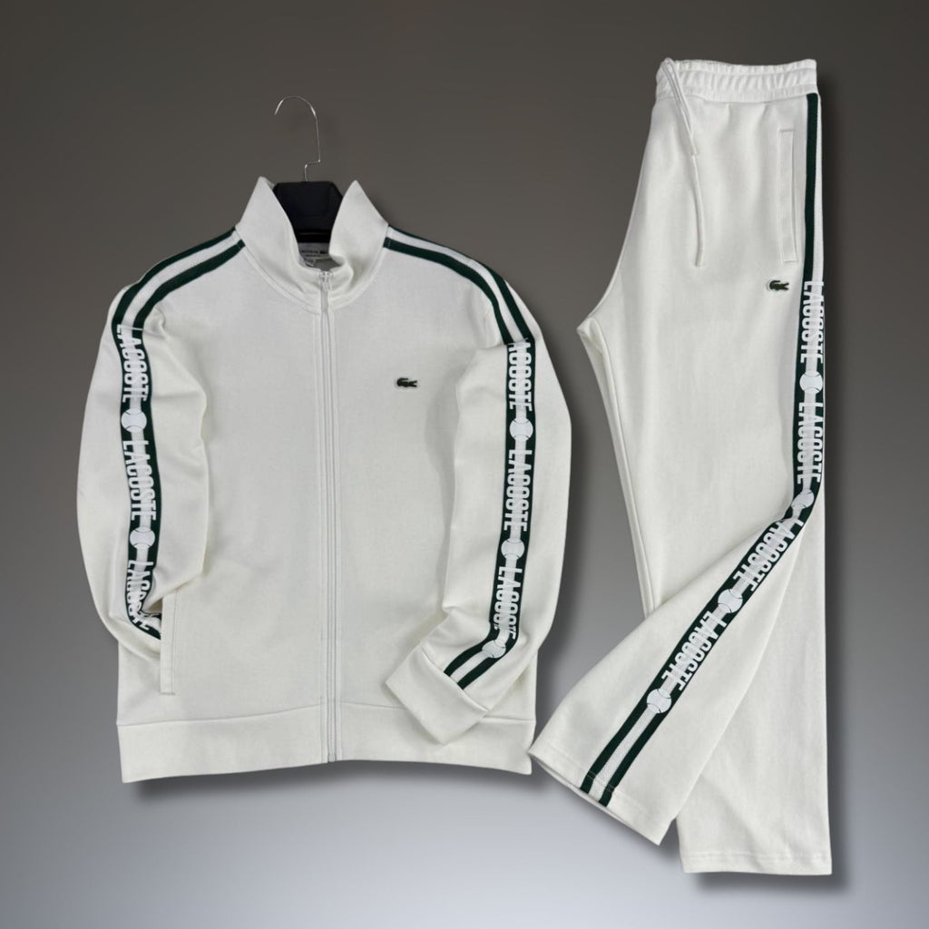 Ανδρικό αθλητικό σετ Lacoste, λευκό, με λωρίδα τένις, premium ποιότητα