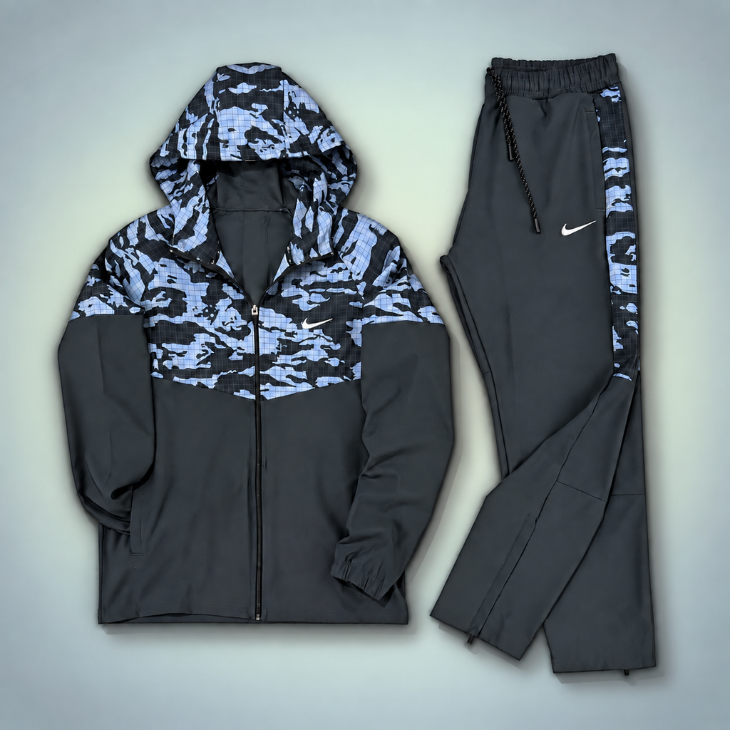 Nike ανδρική αδιάβροχη φόρμα, σχέδιο καμουφλάζ, γραφίτης - μπλε. Premium ποιότητα