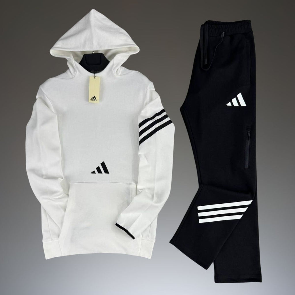 Ανδρική φόρμα με κουκούλα Adidas, λευκό – μαύρο. Premium ποιότητα