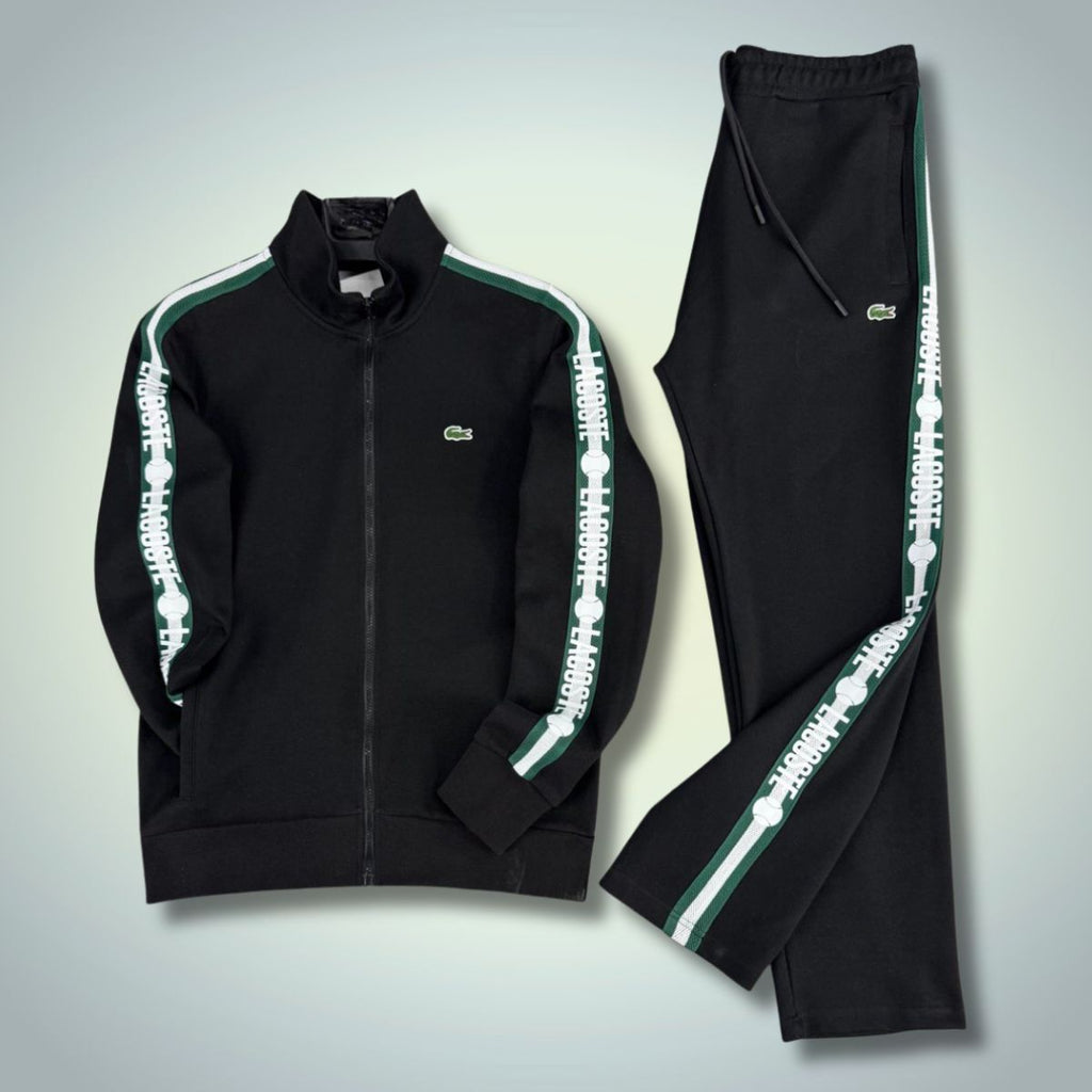 Ανδρική φόρμα Lacoste, κάθετες τενιστικές ρίγες, μαύρη. Premium ποιότητα