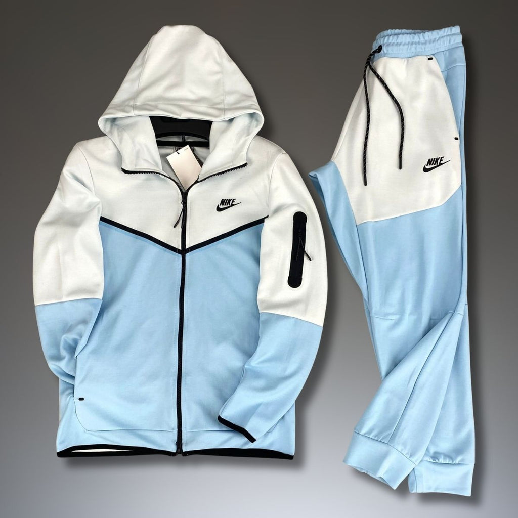 Ανδρικό αθλητικό σύνολο Nike Tech Fleece, λευκό και ανοιχτό γαλάζιο. Premium ποιότητα