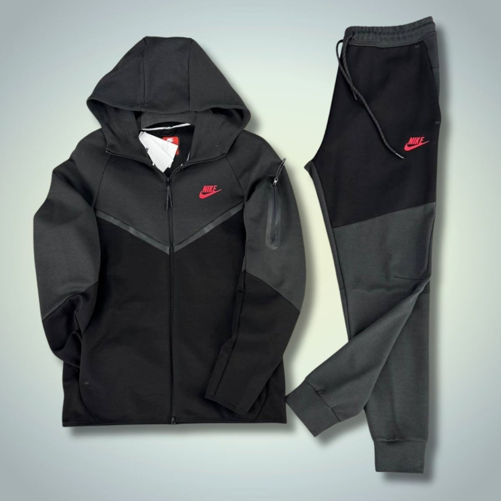 Ανδρική φόρμα Nike Tech Fleece, γραφίτης - μαύρη, κόκκινο λογότυπο. Μοντέλο 2024. Premium ποιότητα