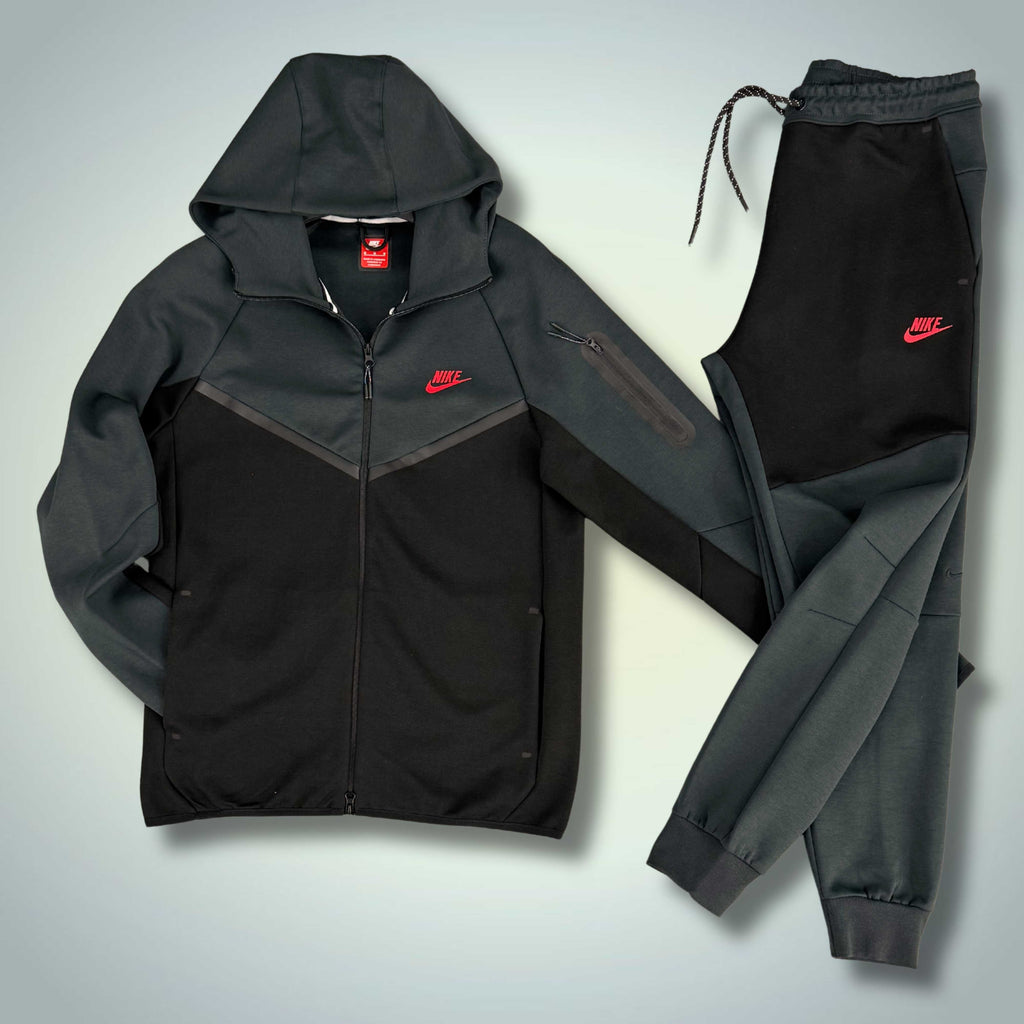 Ανδρική φόρμα Nike Tech Fleece, γραφίτης - μαύρη, κόκκινο λογότυπο. Μοντέλο 2024. Premium ποιότητα