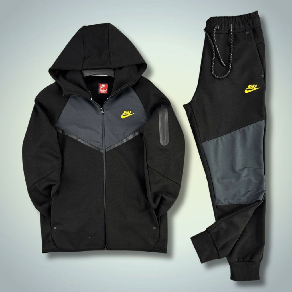 Nike Tech Fleece ανδρικό αθλητικό σετ, μαύρο-γραφίτη, κίτρινο λογότυπο, Μοντέλο 2024. Premium ποιότητα