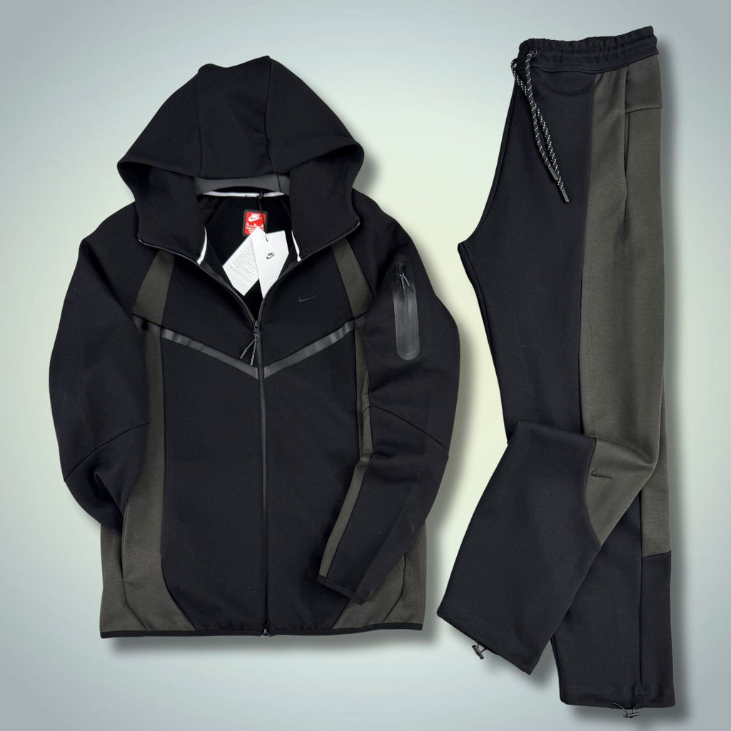 Nike Tech Fleece ανδρικό αθλητικό σετ, μαύρο-σκούρο πράσινο. Μοντέλο 2026. Premium ποιότητα