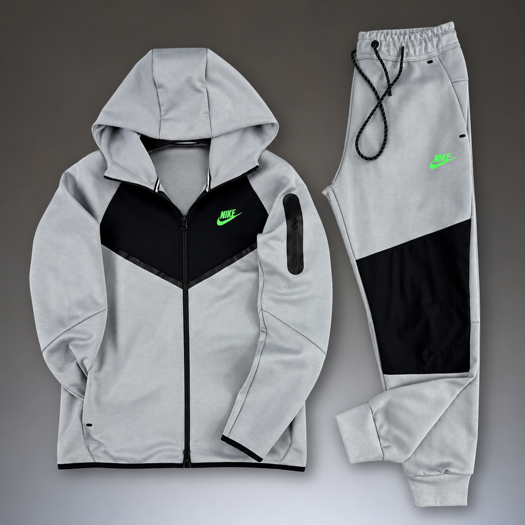 Nike Tech Fleece ανδρικό αθλητικό σετ, γκρι - μαύρο, πράσινο λογότυπο. Μοντέλο 2024. Premium ποιότητα