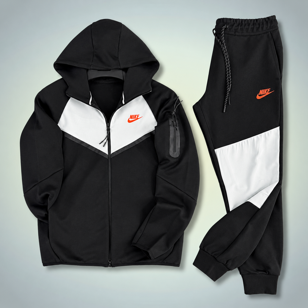 Nike Tech Fleece ανδρικό αθλητικό σετ, μαύρο - λευκό, πορτοκαλί λογότυπο. Μοντέλο 2024. Premium ποιότητα