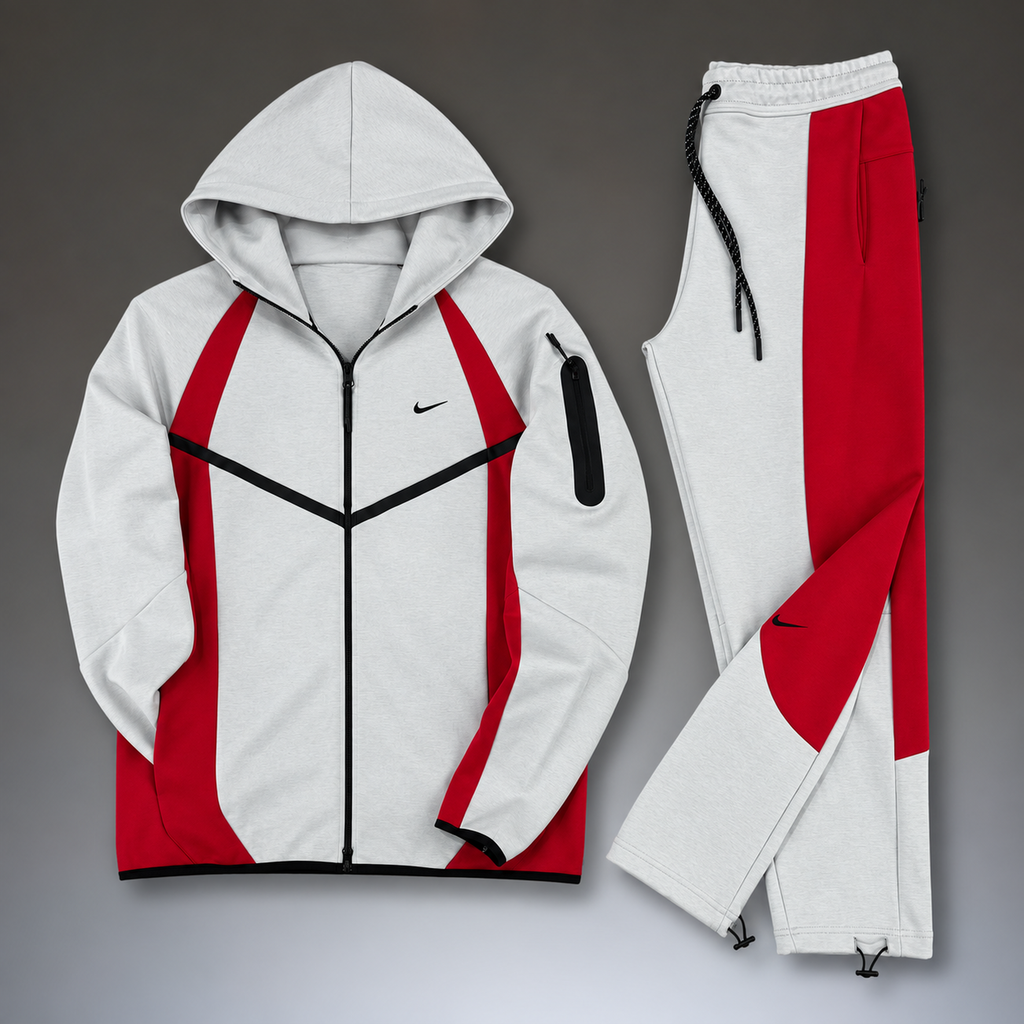 Nike Tech Fleece ανδρικό αθλητικό σετ, ανοιχτό γκρι - κόκκινο. Μοντέλο 2026. Premium ποιότητα