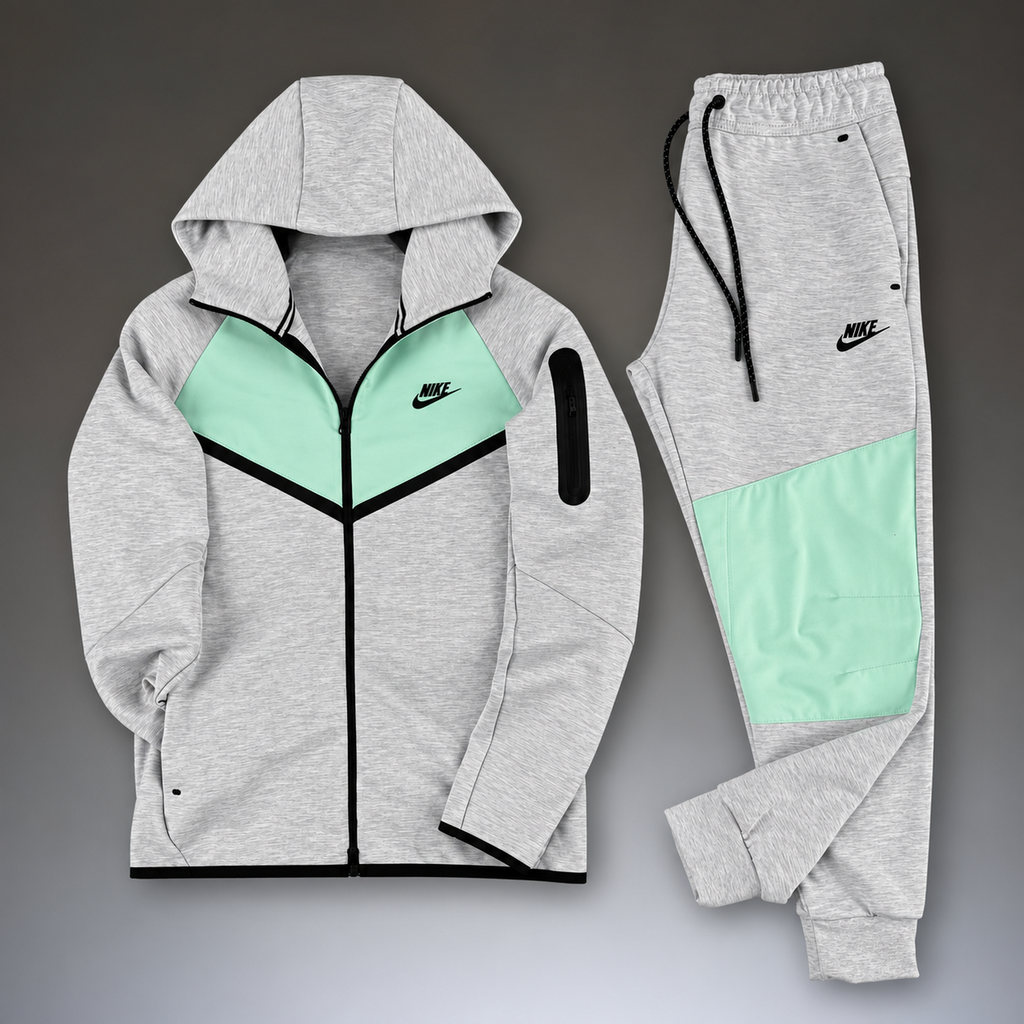 Nike Tech Fleece ανδρικό αθλητικό σετ, κλασικό γκρι - μέντα. Μοντέλο 2024. Premium ποιότητα