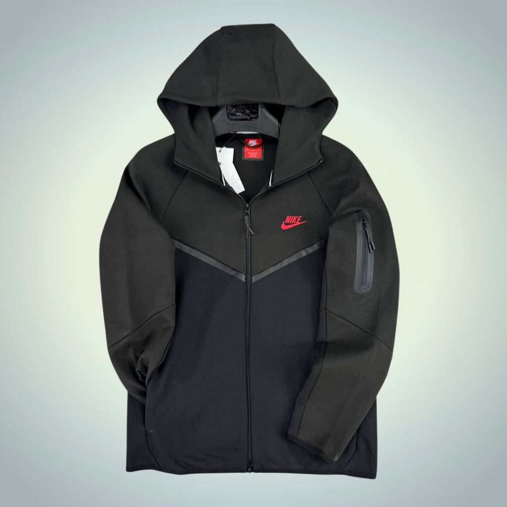 Ανδρική μπλούζα Nike Tech Fleece, κόκκινο λογότυπο, γραφίτης – μαύρο, Model 2024. Premium ποιότητα