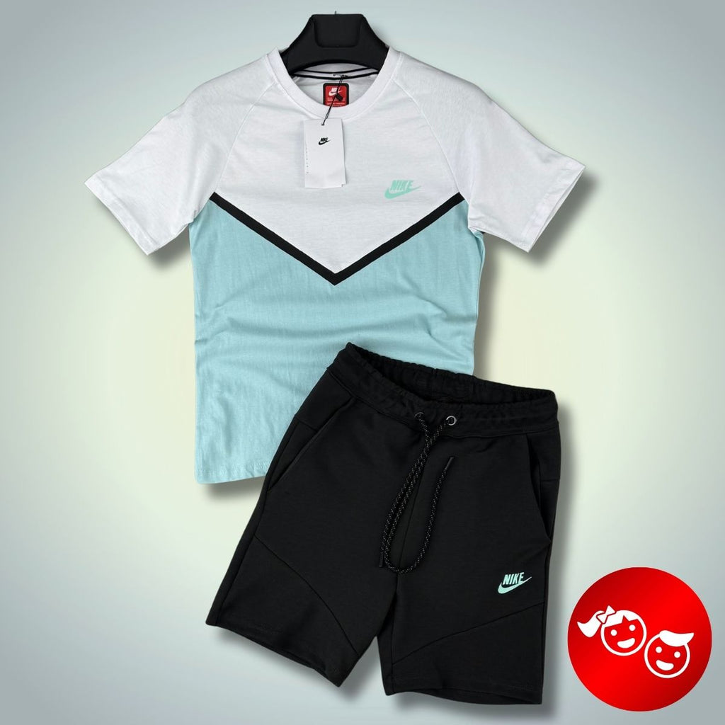 Nike Tech Fleece παιδικό αθλητικό σετ με σορτς, γραφίτης - λευκό - μέντα. Premium ποιότητα