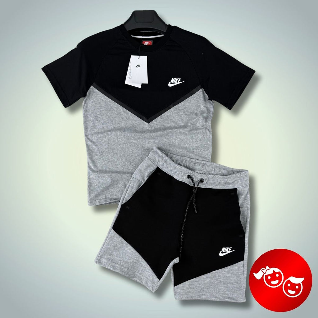 Nike Tech Fleece παιδικό αθλητικό σετ με σορτς, μαύρο - κλασικό γκρι. Premium ποιότητα