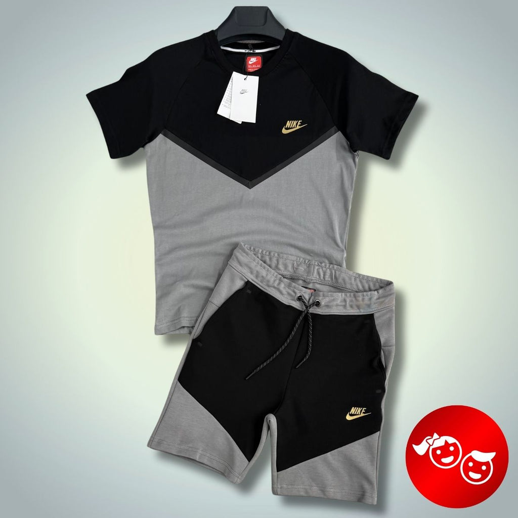 Nike Tech Fleece παιδικό αθλητικό σετ με σορτς, μαύρο - γκρι, χρυσό λογότυπο. Premium ποιότητα