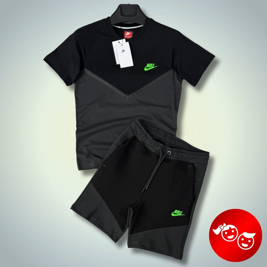 Nike Tech Fleece παιδικό αθλητικό σετ με σορτς, γραφίτης - μαύρο, νέον λογότυπο. Premium ποιότητα