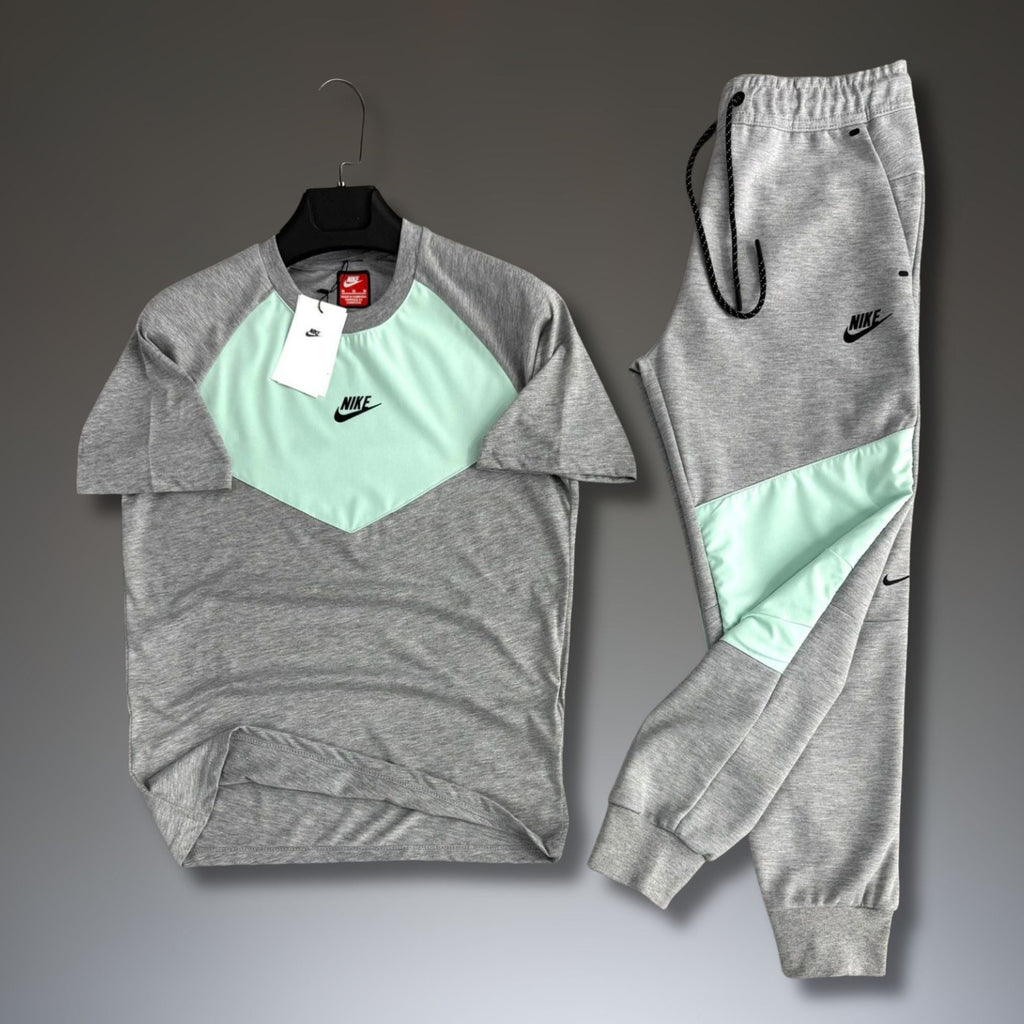 Nike Tech Fleece ανδρική καλοκαιρινή φόρμα, κλασικό γκρι-μέντα. 2026. Premium ποιότητα