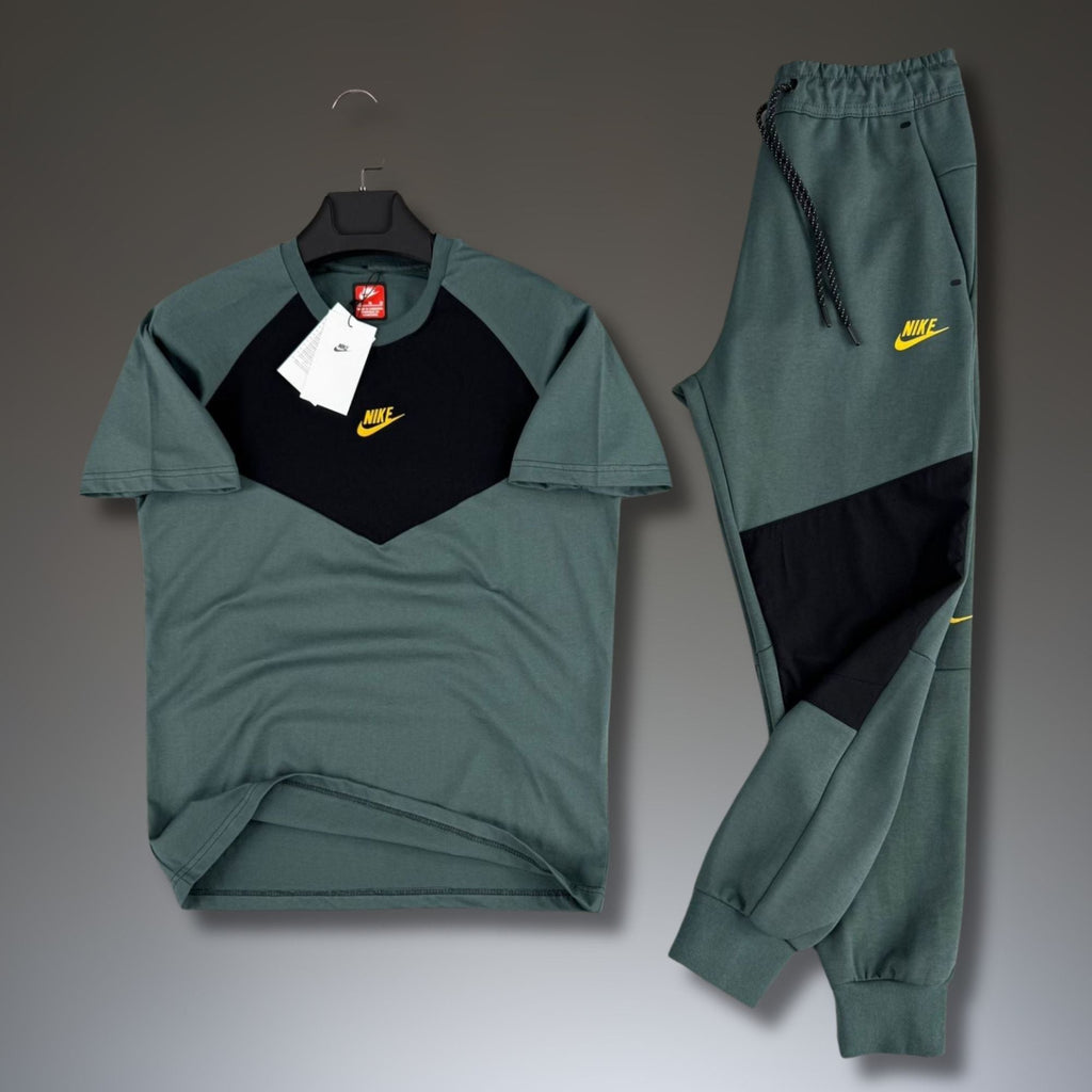 Nike Tech Fleece ανδρική καλοκαιρινή φόρμα, κήπος πράσινο-μαύρο. 2026. Premium ποιότητα