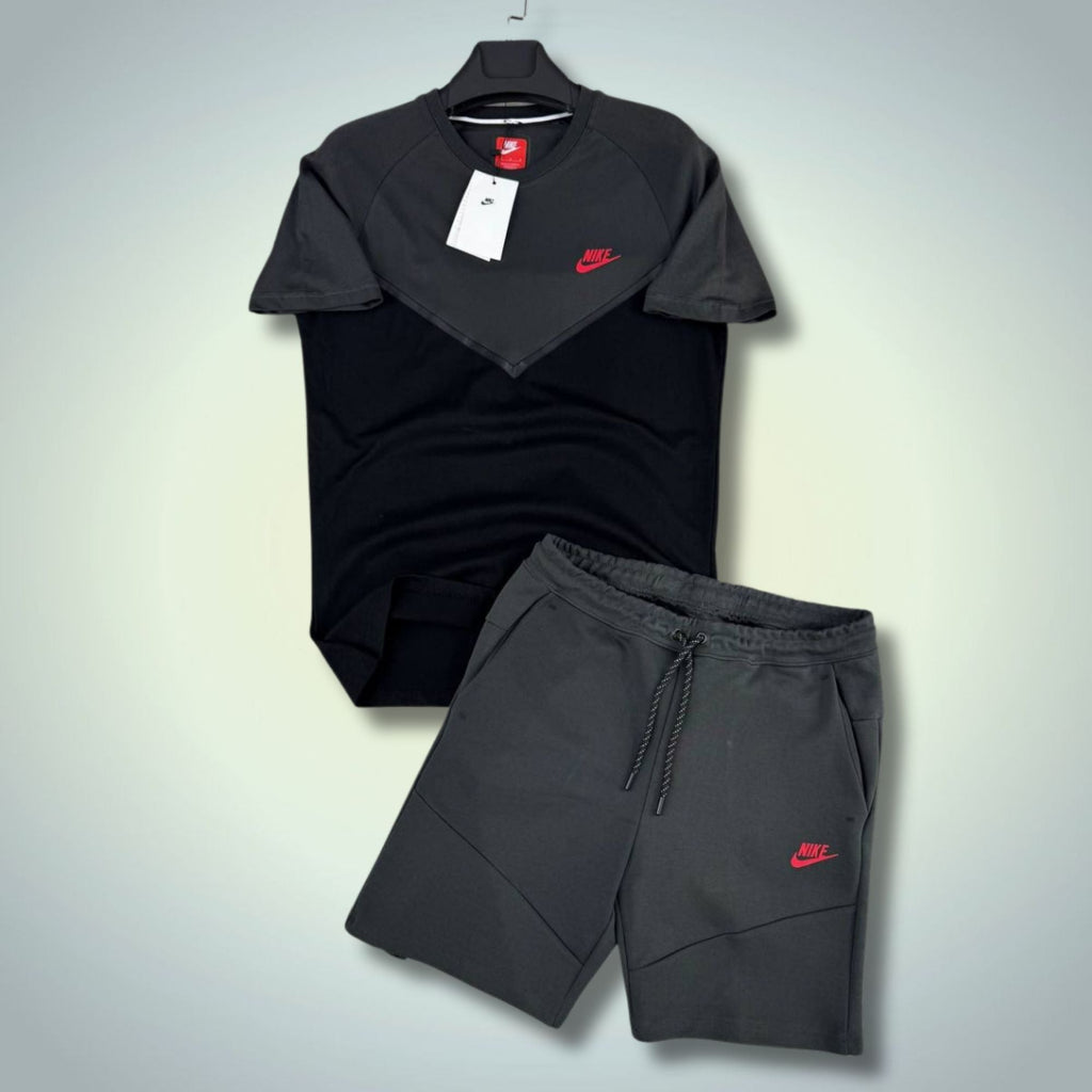 Nike Tech Fleece ανδρικό κοντό αθλητικό σετ, γραφίτης-μαύρο, κόκκινο λογότυπο. Premium ποιότητα