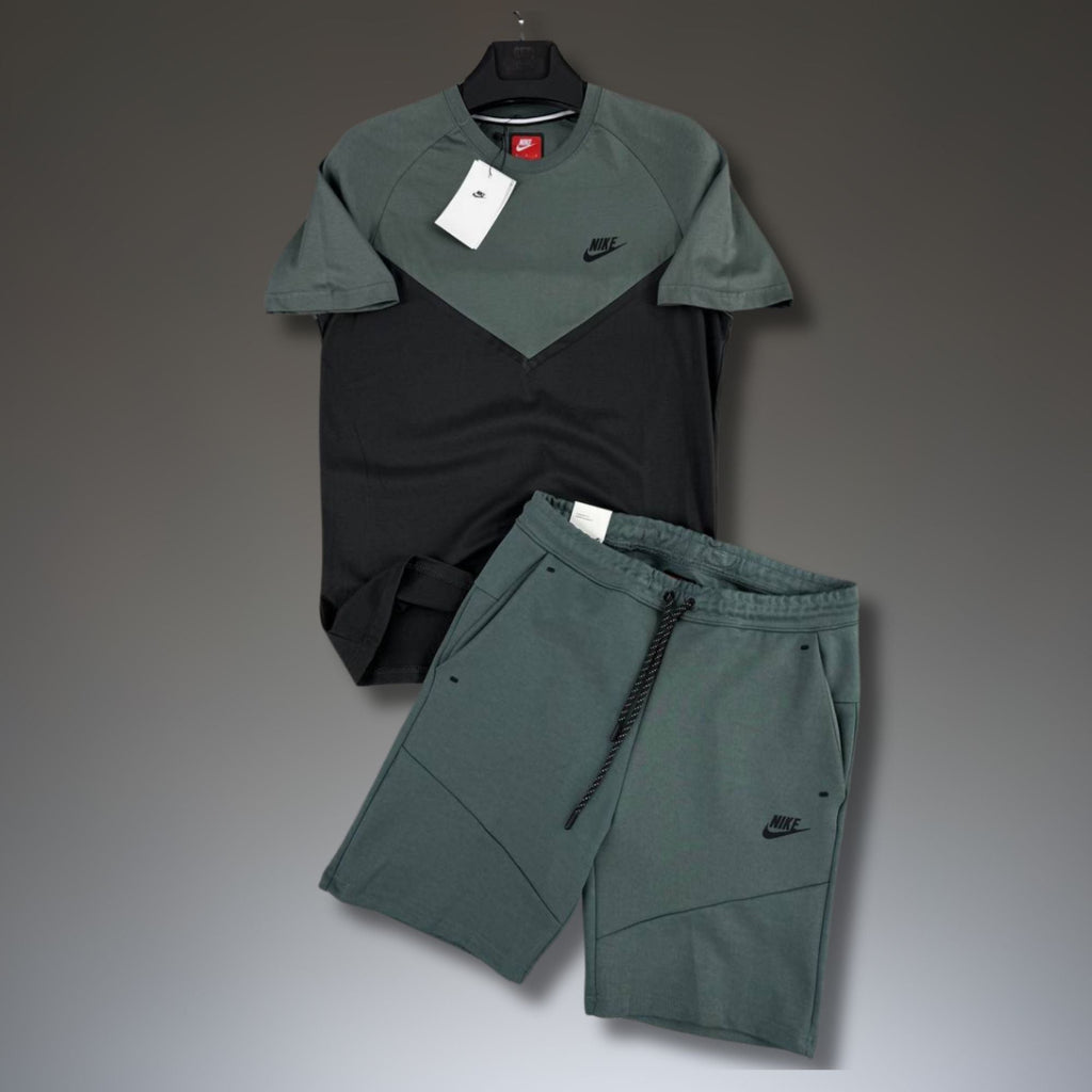 Nike Tech Fleece ανδρικό κοντό αθλητικό σετ, πράσινο κήπου-μαύρο. Premium ποιότητα