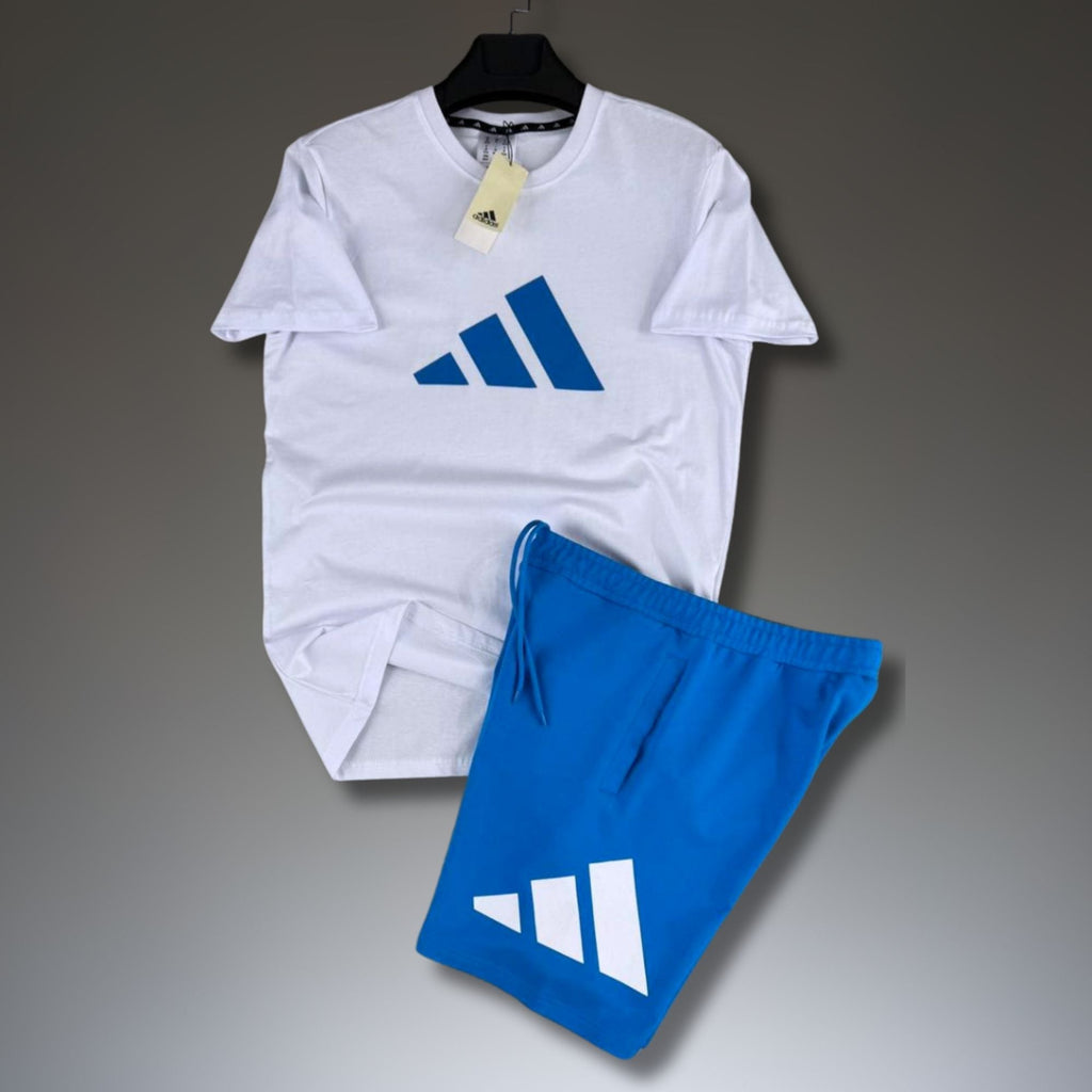 Adidas ανδρικό κοντό αθλητικό σετ, άσπρο-μπλε. Premium ποιότητα