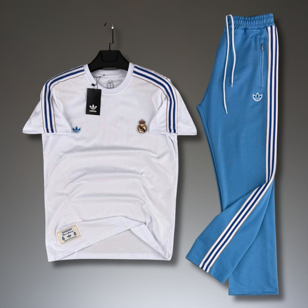 Adidas ανδρικό καλοκαιρινό αθλητικό σετ, άσπρο-μπλε. Ρεάλ Μαδρίτης. Premium ποιότητα