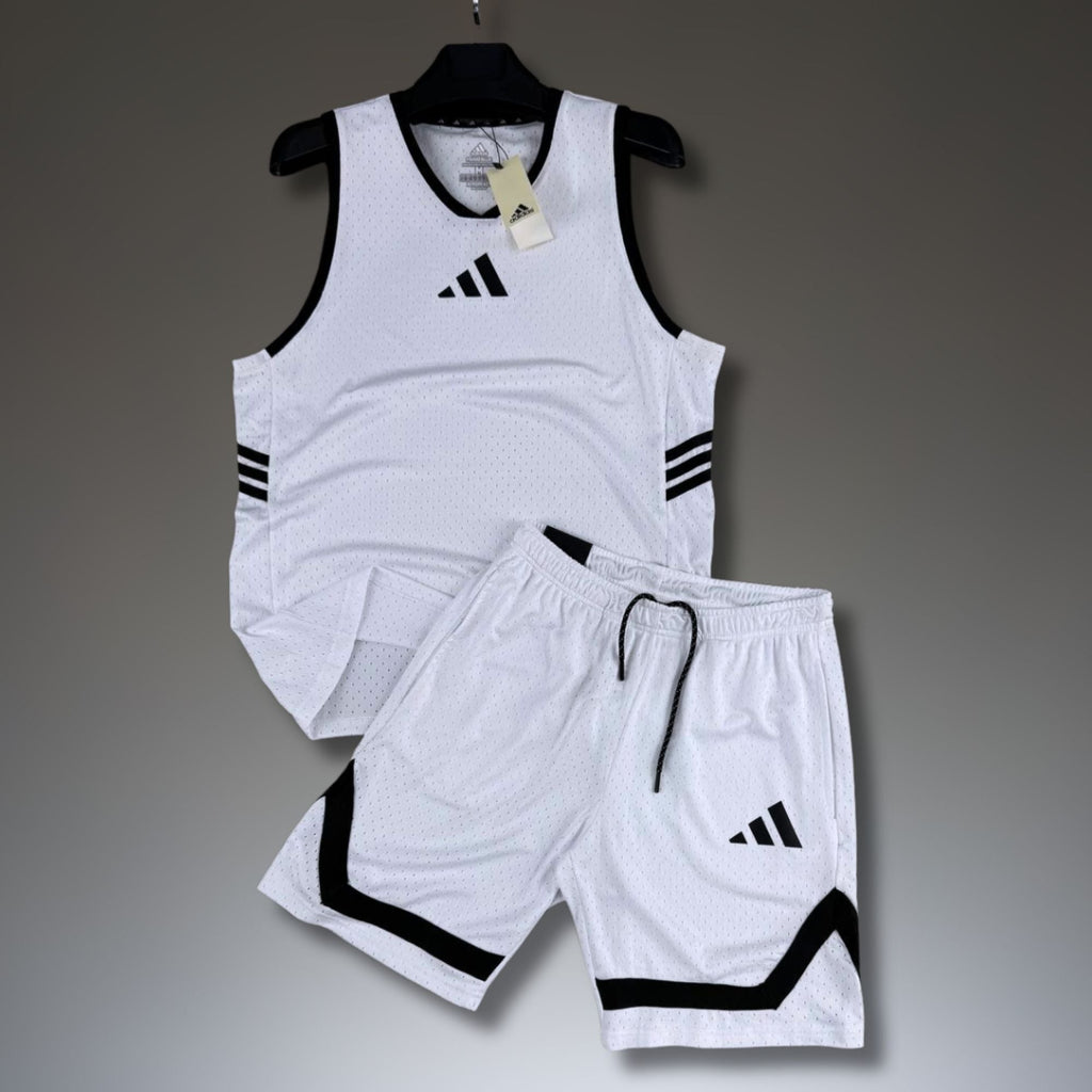 Adidas ανδρικό κοντό αθλητικό σετ με αμάνικο, άσπρο. Dri-Fit. Premium ποιότητα