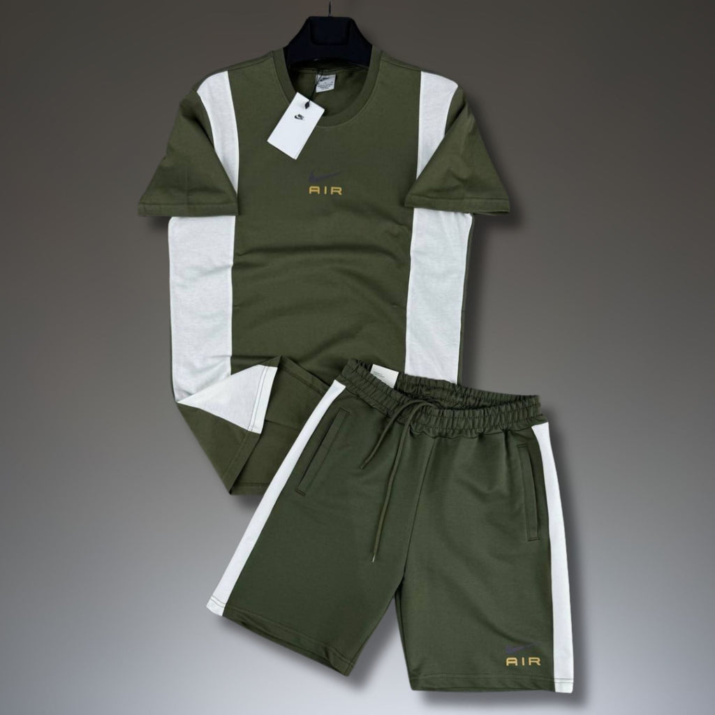Nike Air ανδρικό κοντό αθλητικό σετ, ελαιόλαδο πράσινο-άσπρο. Premium ποιότητα