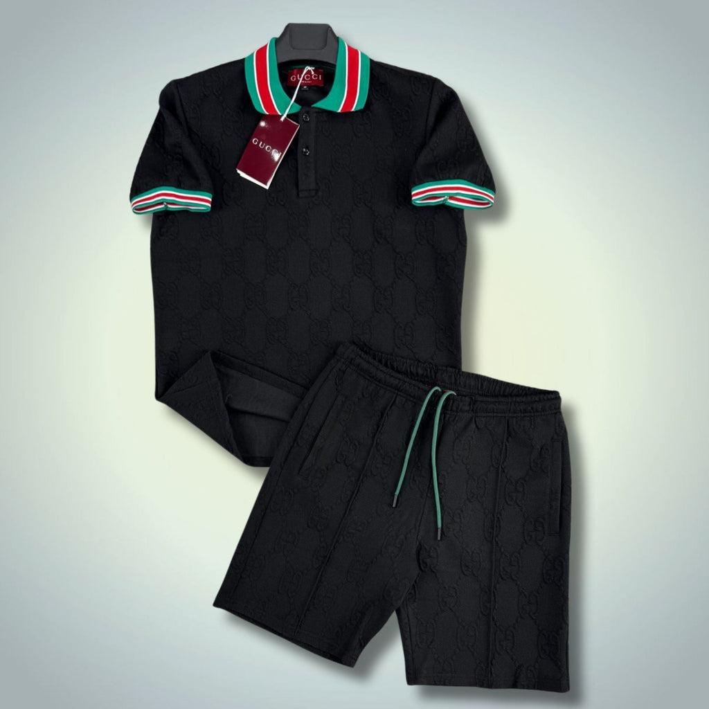 Gucci ανδρικό κοντό αθλητικό σετ, με πόλο, μαύρο. Premium ποιότητα