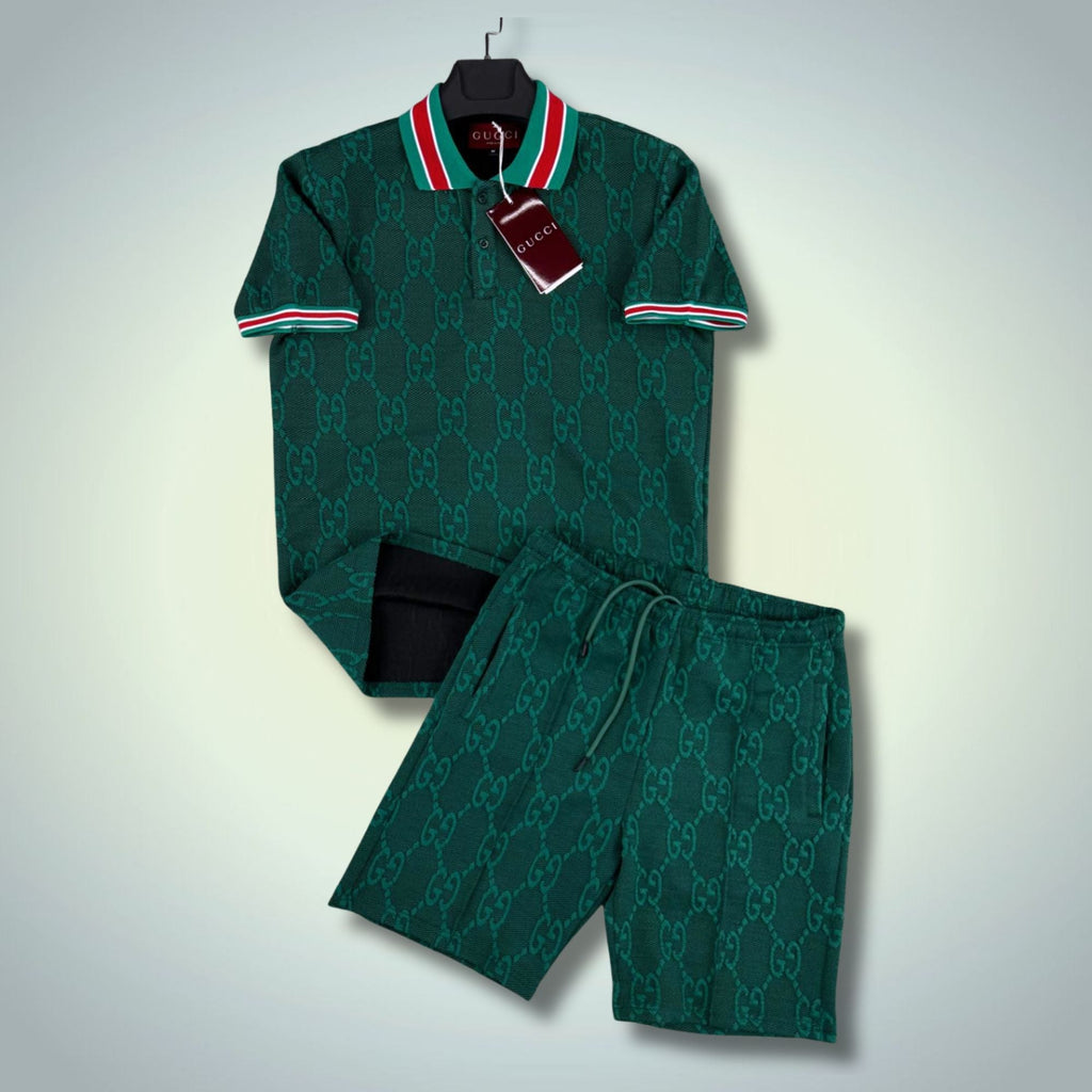 Gucci ανδρικό κοντό αθλητικό σετ, με πόλο, πράσινο. Premium ποιότητα