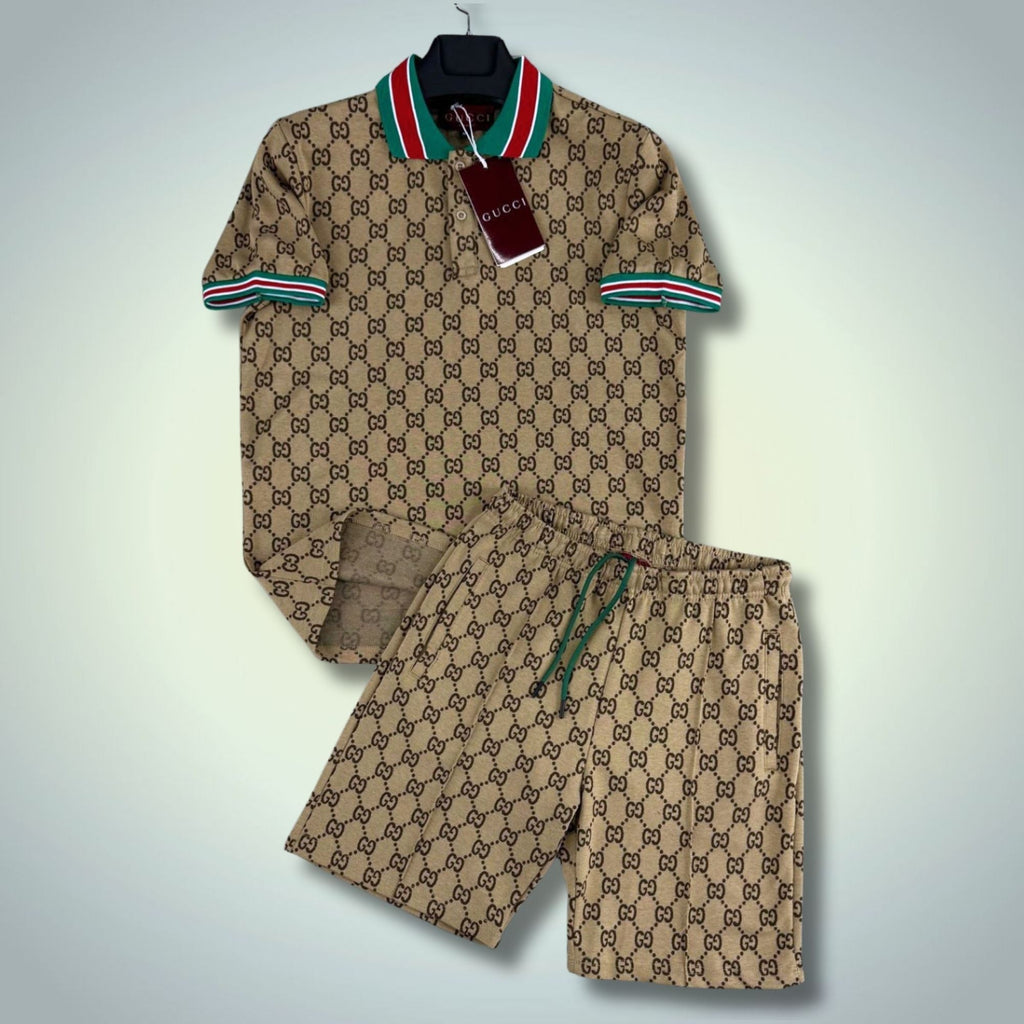 Gucci ανδρικό κοντό αθλητικό σετ, με πόλο, μικρά λογότυπα. Μπεζ. Premium ποιότητα
