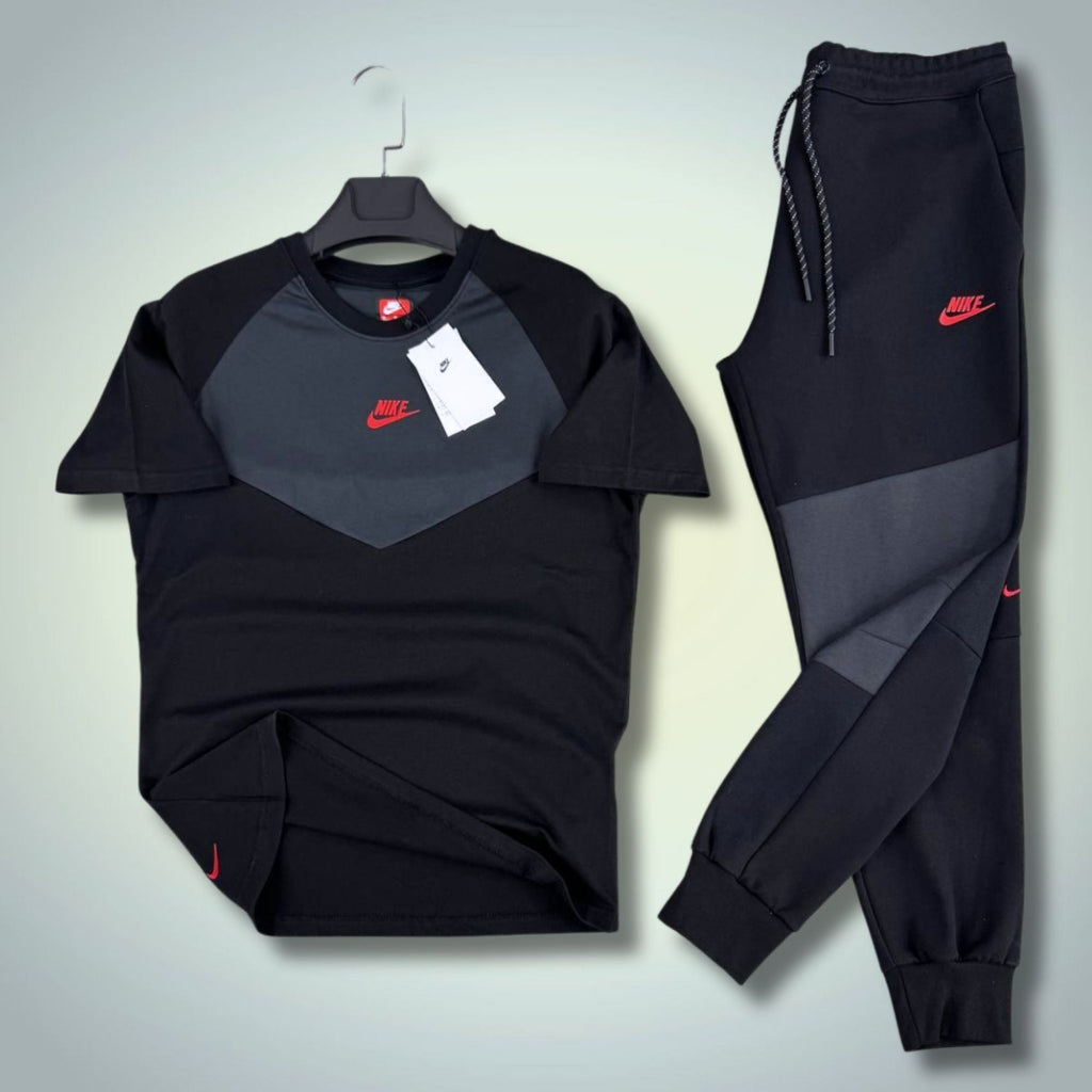 Nike Tech Fleece ανδρικό καλοκαιρινό αθλητικό σετ, μαύρο-γκρι, κόκκινο λογότυπο. 2026. Premium ποιότητα