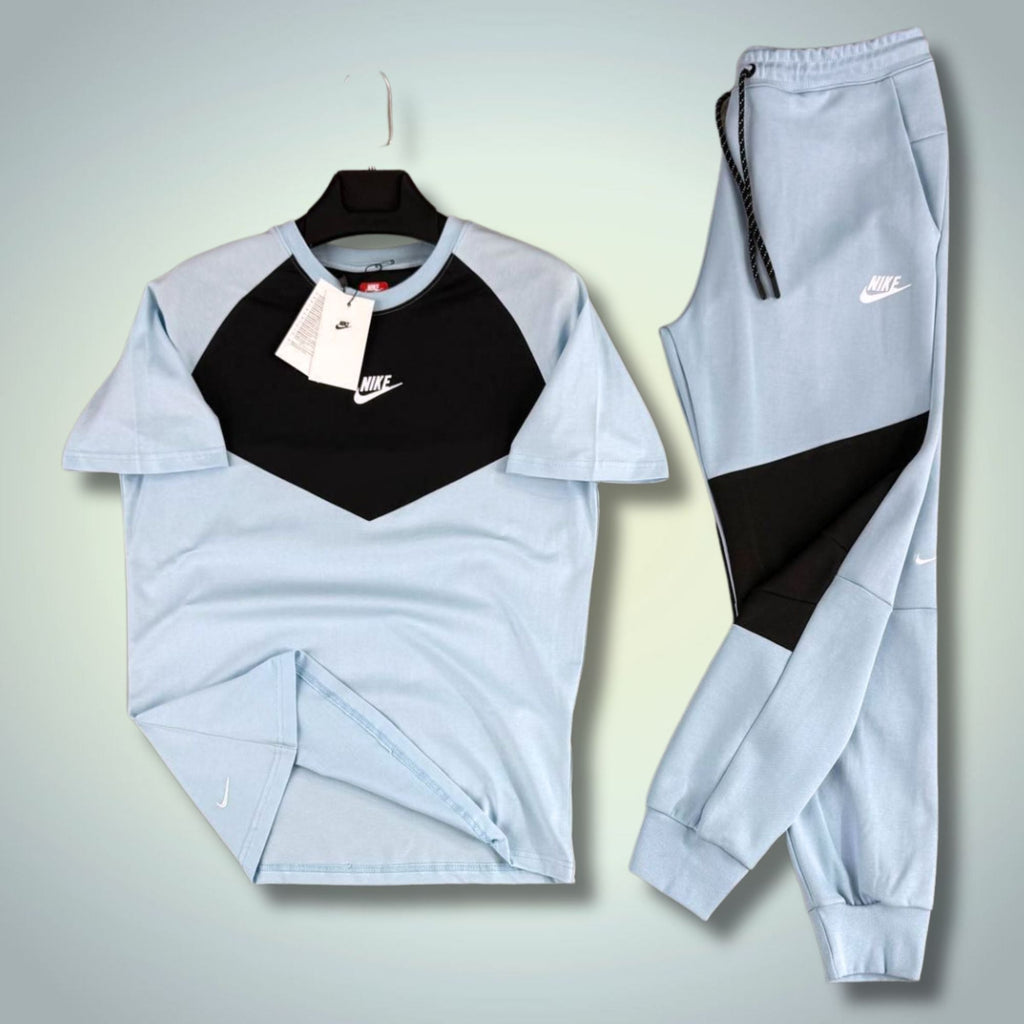 Nike Tech Fleece ανδρικό καλοκαιρινό αθλητικό σετ, ανοιχτό μπλε-μαύρο. 2026. Premium ποιότητα