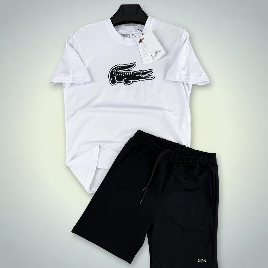 Lacoste Big Logo ανδρικό κοντό αθλητικό σετ, Λευκό-Μαύρο. Premium ποιότητα