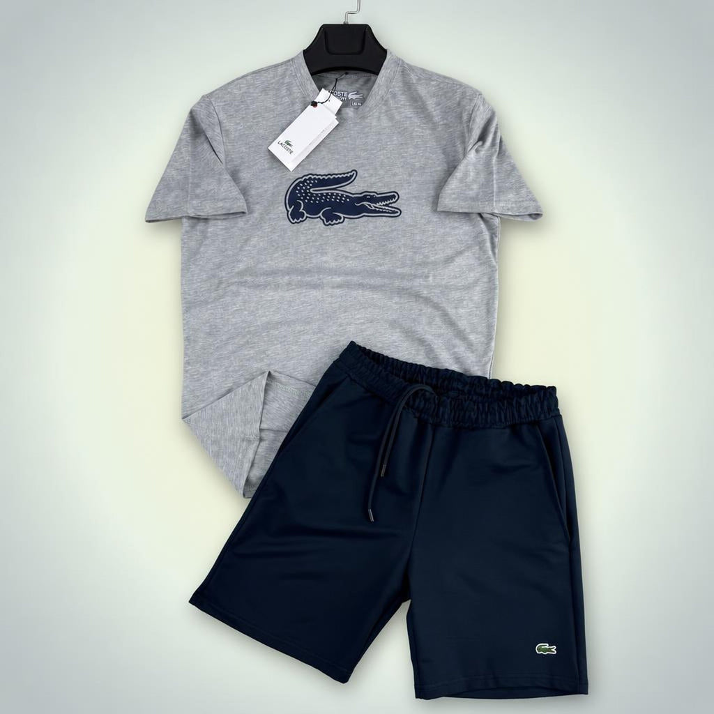 Lacoste Big Logo ανδρικό κοντό αθλητικό σετ, κλασικό γκρι-σκούρο μπλε. Premium ποιότητα