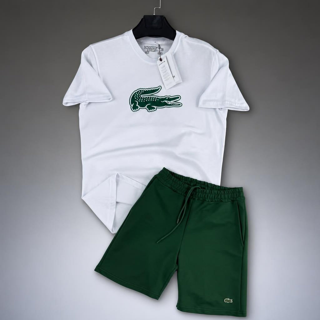 Lacoste Big Logo ανδρικό κοντό αθλητικό σετ, Λευκό-Πράσινο. Premium ποιότητα