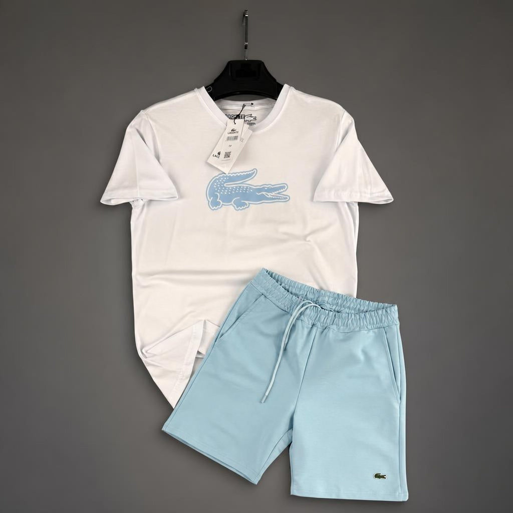Lacoste Big Logo ανδρικό κοντό αθλητικό σετ, λευκό-ανοιχτό μπλε. Premium ποιότητα