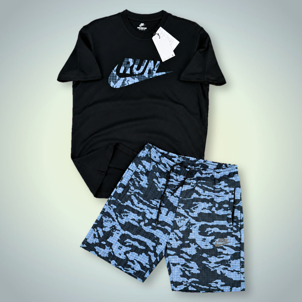 Nike Run ανδρικό αθλητικό σετ με κοντό παντελόνι, μαύρο - μπλε. Premium ποιότητα