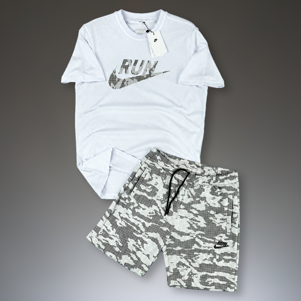 Nike Run ανδρικό αθλητικό σετ με κοντό παντελόνι, λευκό - γκρι. Premium ποιότητα