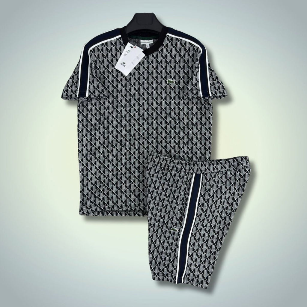 Αθλητικό σετ με κοντό παντελόνι Lacoste, Jacquard Monogram, μαύρο - σκούρο μπλε. Premium ποιότητα