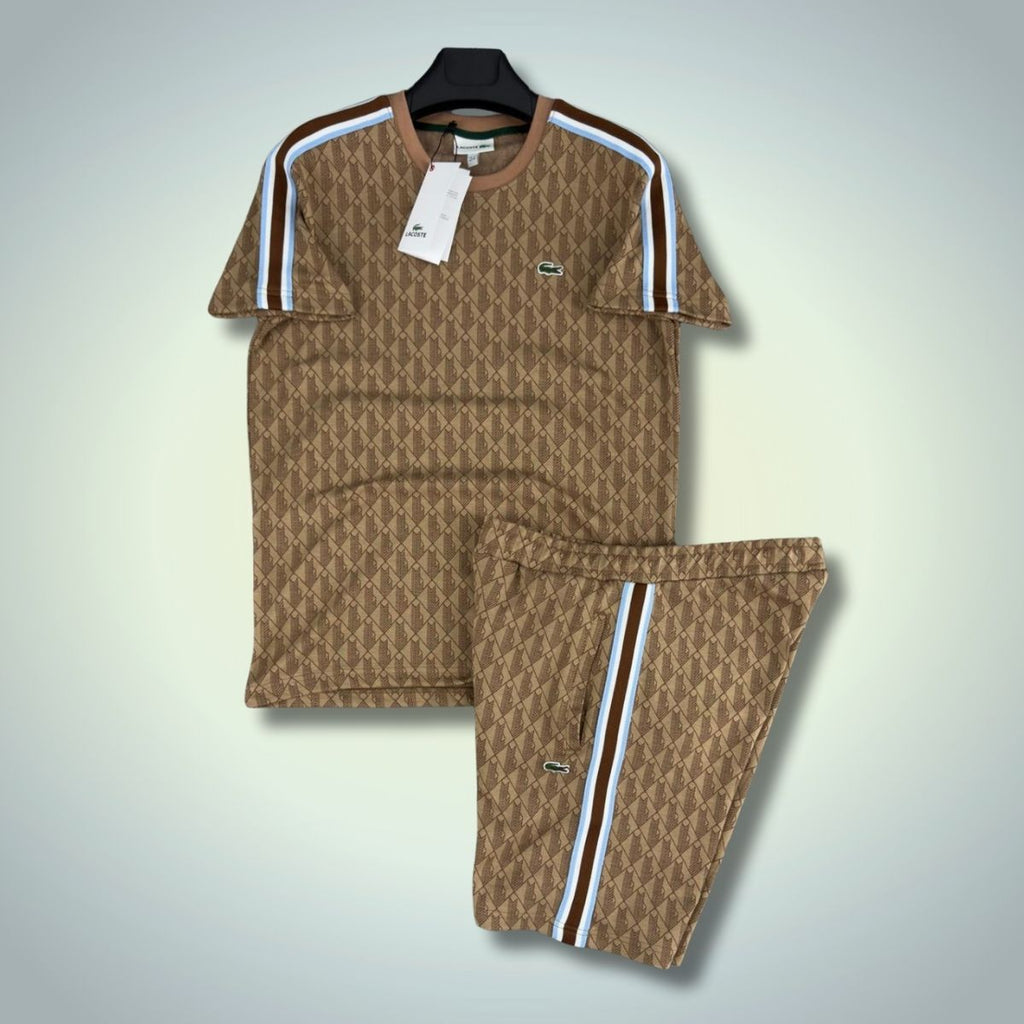 Αθλητικό σετ με κοντό παντελόνι Lacoste, Jacquard Monogram, καφέ. Premium ποιότητα