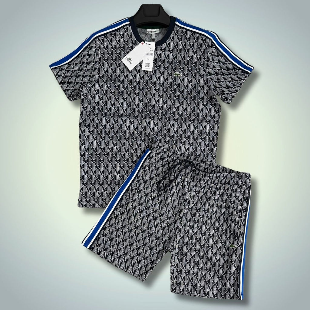 Lacoste ανδρικό αθλητικό σετ με σορτς, Jacquard, μαύρο και λευκό, μπλε ρίγα. Premium ποιότητα