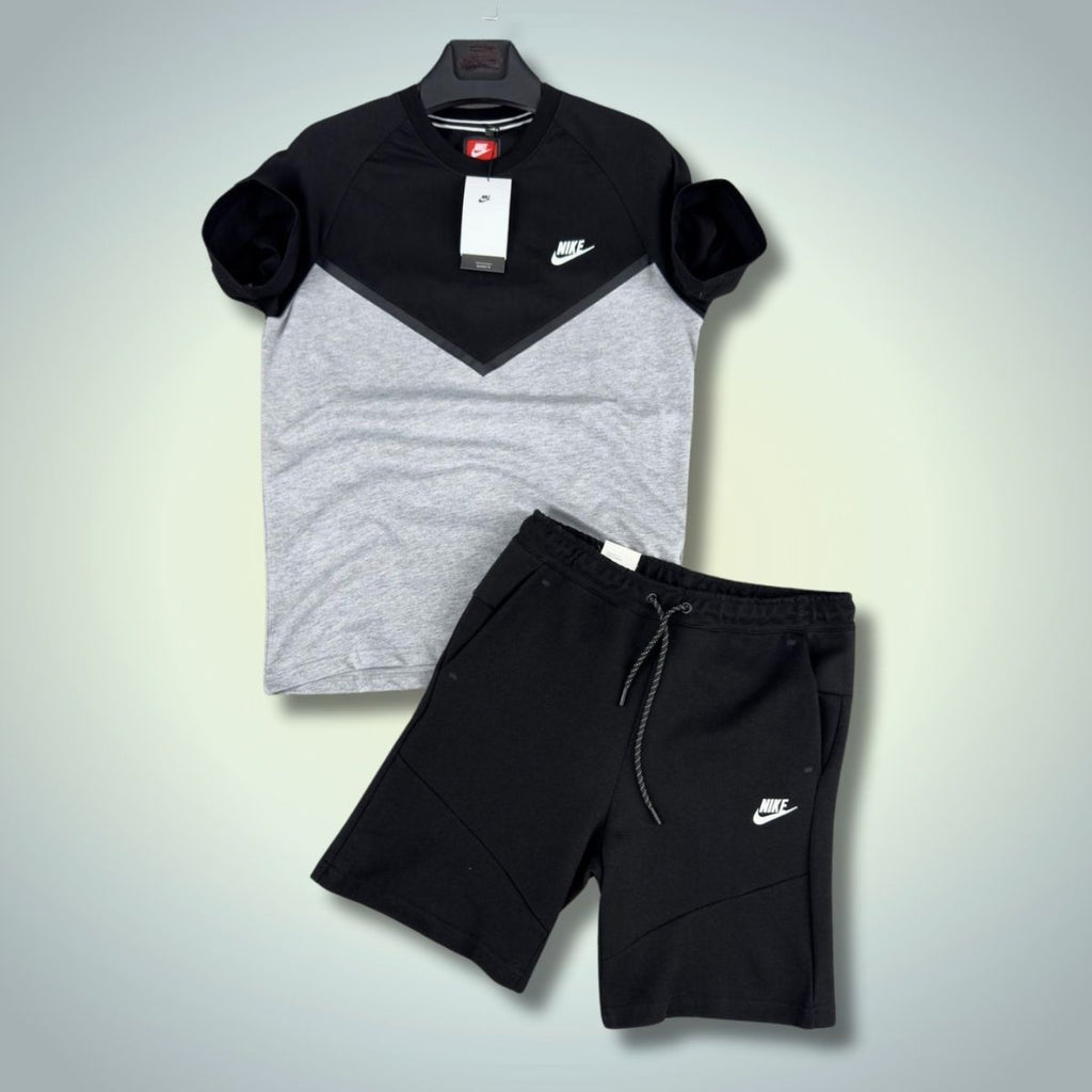 Αθλητικό σετ με κοντό παντελόνι Nike Tech Fleece, μαύρο - κλασικό γκρι. Premium ποιότητα