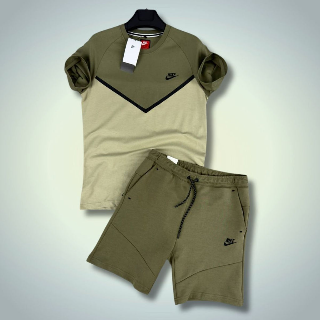 Αθλητικό σετ με κοντό παντελόνι Nike Tech Fleece, λαδί - ανοιχτό πράσινο. Premium ποιότητα