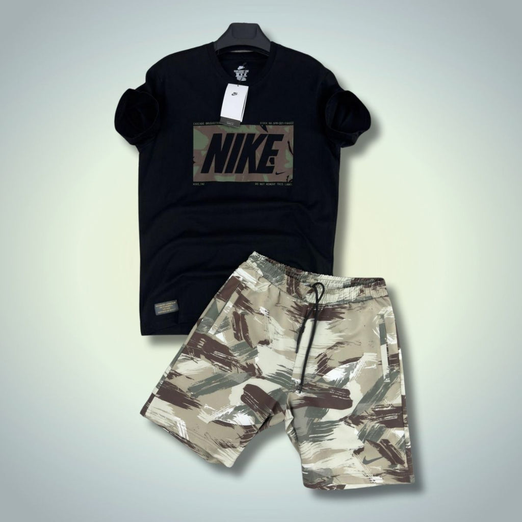 Αθλητικό σετ με κοντό παντελόνι Nike, μοτίβο παραλλαγής, μαύρο - μπεζ. Premium ποιότητα