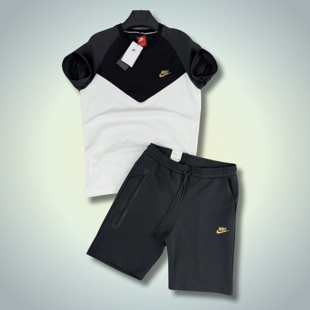 Αθλητικό σετ με κοντό παντελόνι Nike Tech Fleece, μαύρο - λευκό - γραφίτης. Premium ποιότητα