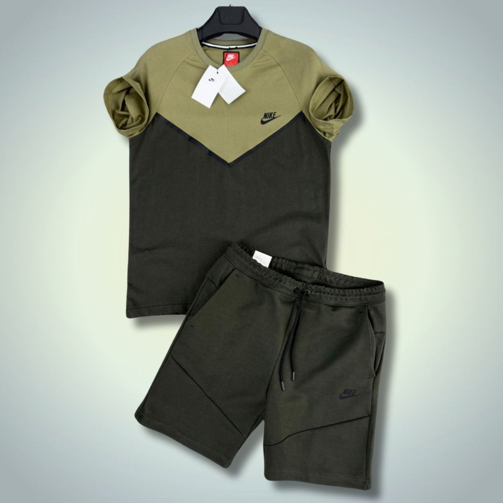 Nike Tech Fleece ανδρικό αθλητικό σετ με σορτς, σκούρο πράσινο - λαδί. Premium ποιότητα
