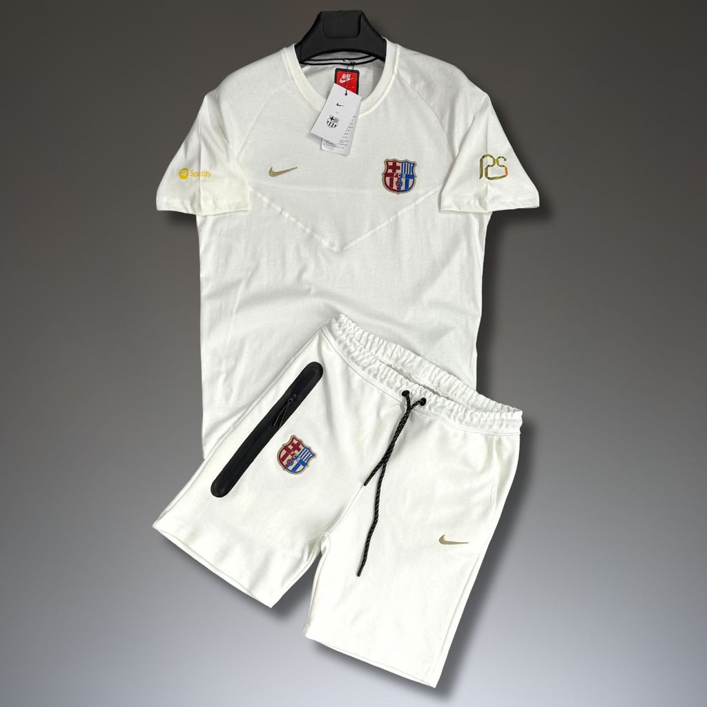 Nike Barcelona Tech Fleece ανδρικό αθλητικό σετ με κοντό παντελόνι, λευκό. Premium ποιότητα