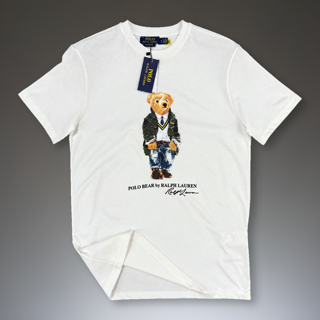 Ανδρική μπλούζα Ralph Lauren, στάμπα αρκουδάκι με στολή, λευκή. Premium ποιότητα