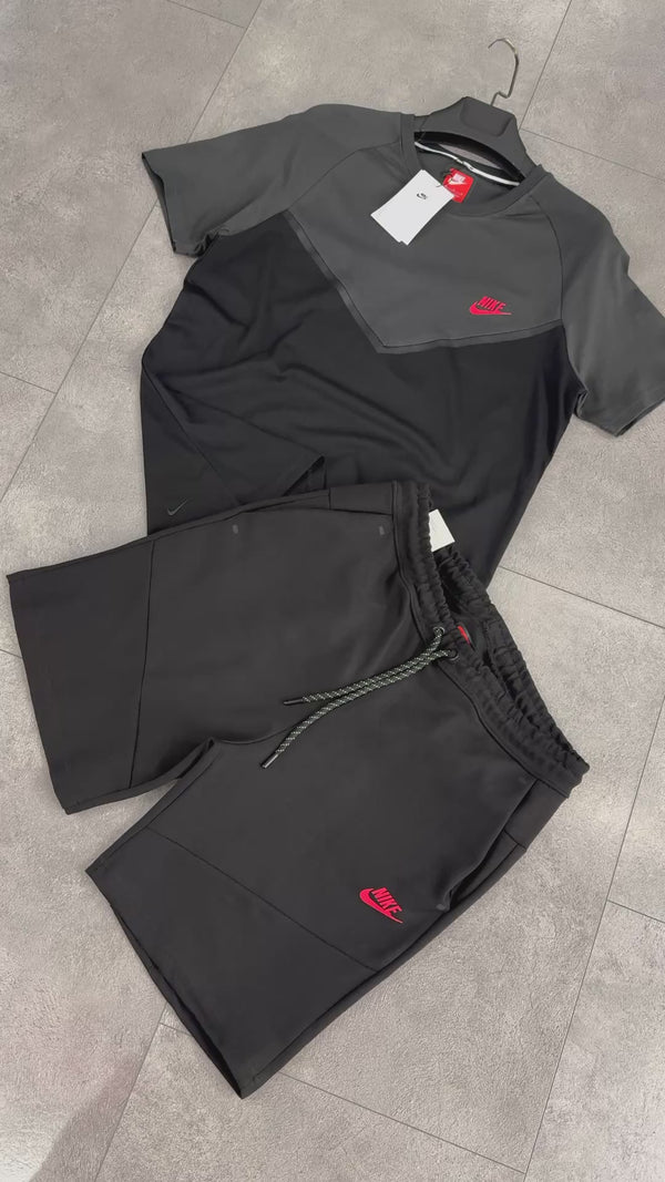 Αθλητικό σετ με κοντό παντελόνι Nike Tech Fleece, μαύρο - γραφίτης, κόκκινο λογότυπο. Premium ποιότητα